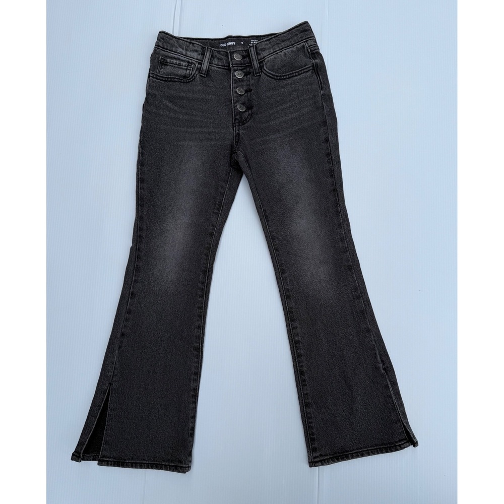 Old Navy Girls High Rise Flare Jeans Washed Black Button Fly Side Slit Size 10